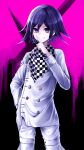  1boy bangs black_background checkered checkered_neckwear checkered_scarf commentary_request cowboy_shot danchu_(danchu0628) dangan_ronpa_(series) dangan_ronpa_v3:_killing_harmony double-breasted hair_between_eyes hand_in_pocket hand_up highres index_finger_raised jacket long_arms long_sleeves looking_at_viewer male_focus ouma_kokichi pants pink_background purple_hair scarf short_hair smile solo standing straitjacket violet_eyes white_jacket 