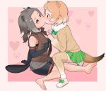  2girls american_beaver_(kemono_friends) animal_ears antenna_hair arm_support barefoot beaver_ears beaver_tail bike_shorts black-tailed_prairie_dog_(kemono_friends) blush border bow bowtie bra brown_eyes brown_hair commentary_request cutoffs elbow_gloves extra_ears face-to-face full_body fur_collar furrowed_eyebrows gloves grey_hair hair_ornament hairclip hand_up hands_up head_tilt heart jacket kemono_friends kiss light_brown_hair long_hair long_sleeves looking_at_another low_ponytail medium_hair miniskirt multicolored_hair multiple_girls partially_unzipped plaid plaid_skirt prairie_dog_ears prairie_dog_tail short_shorts shorts shorts_under_shorts sidelocks sitting skirt squatting sweater tail thigh-highs toes torn_clothes torn_sleeves tranqu two-tone_hair underwear yuri zettai_ryouiki zipper 