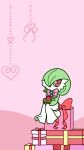  1girl bow bowtie box chibi commentary_request full_body gardevoir gen_3_pokemon gift green_hair hair_over_one_eye heart heart_in_eye highres holding muguet no_mouth pink_background pink_bow pink_neckwear pokemon pokemon_(creature) red_bow red_eyes red_ribbon ribbon short_hair simple_background sitting solo symbol_in_eye two-tone_background yellow_bow yellow_ribbon 