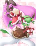  2girls :3 alternate_color animal_ears animal_nose antlers bag bare_shoulders bell black_sclera blush body_fur border bow brown_dress brown_fur bunny_tail clothed_pokemon colored_sclera commentary_request dress fake_horns fake_tail full_body fur_trim furry gardevoir gen_3_pokemon gen_4_pokemon gift green_bow green_hair hair_bell hair_ornament hair_over_one_eye hairband hand_up hands_up happy highres holding horns long_sleeves looking_at_viewer lopunny muguet multiple_girls open_mouth pink_background pink_eyes pink_fur pokemon pokemon_(creature) rabbit_ears rabbit_girl red_bow red_dress red_eyes red_ribbon reindeer_antlers ribbon santa_costume shiny_pokemon short_hair simple_background smile tail two-tone_fur white_border yellow_bow 