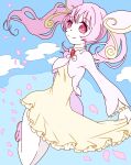  1girl audino blue_sky breasts closed_mouth clouds commentary_request day dress dutch_angle eyebrows_visible_through_hair frilled_dress frills gen_5_pokemon hair_ornament happy highres leg_up long_sleeves looking_at_viewer muguet outdoors personification petals pink_eyes pink_footwear pink_hair pokemon shoes sky small_breasts smile solo tied_hair twintails yellow_dress 