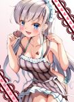  1girl :d apron bangs bare_arms bare_shoulders bikini blue_bikini blue_eyes blush breasts candy chocolate chocolate_heart collarbone cowboy_shot earrings eyebrows_visible_through_hair food gradient gradient_background grey_background hands_up heart highres hisakawa_hayate holding holding_food idolmaster idolmaster_cinderella_girls jewelry leaning_forward long_hair maid_headdress medium_breasts nearly_naked_apron open_mouth silver_hair smile solo striped swimsuit tudon_(donut) vertical-striped_apron vertical_stripes very_long_hair 