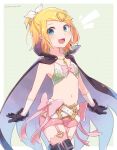  1girl bangs belt black_cloak black_gloves blonde_hair blue_eyes bow cloak commentary cosplay cowboy_shot fire_emblem fire_emblem_awakening garter_straps garters gloves green_background hair_bow hair_ornament hairclip highres jewelry kagamine_rin navel nowi_(fire_emblem) nowi_(fire_emblem)_(cosplay) open_mouth pendant pink_ribbon pink_shorts reki_(arequa) ribbon short_hair short_shorts shorts smile solo swept_bangs treble_clef vocaloid white_bow 