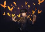  1boy artist_name black_hair black_pants bowl_cut bug butterfly dark_background gakuran hands_up highres hoshiko_(419401x) insect kageyama_shigeo male_focus mob_psycho_100 pants school_uniform short_hair simple_background solo standing upper_body yellow_butterfly 