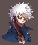  1boy alternate_hair_color black_jacket blue_eyes boku_no_hero_academia brown_background burn_scar collarbone commentary_request cropped_shoulders dabi_(boku_no_hero_academia) ear_piercing grey_background highres jacket looking_at_viewer male_focus piercing scar shion_(mnkrtube) shirt simple_background solo spiky_hair upper_body white_hair 