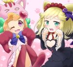  2girls :3 animal_ears anyamal_tantei_kirumin_zoo aqua_eyes bell black_dress blonde_hair blue_neckwear blush bow bowtie breasts cat_ears clenched_hands clothing_cutout commentary_request dress elbow_gloves eyebrows_visible_through_hair fang flat_chest flower fur_trim gloves hair_flower hair_ornament hair_ribbon hands_up happy hat hatori_kanon heart heart_cutout jingle_bell kneehighs knees_together_feet_apart knees_up long_sleeves looking_at_viewer mikogami_riko muguet multiple_girls one_eye_closed open_mouth orange_hair paw_pose paw_print_background pink_background pink_headwear pink_shirt pink_skirt purple_flower purple_ribbon red_gloves red_legwear red_neckwear red_ribbon ribbon shirt short_hair short_sleeves shy simple_background sitting skirt small_breasts smile standing tail two-tone_background 