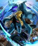  8686island blurry commentary_request energy gen_4_pokemon glowing glowing_eyes highres holding looking_at_viewer lucario motion_blur pokemon pokemon_(creature) red_eyes rock solo spikes toes yellow_fur 