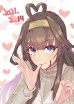 1girl ahoge alakoala blue_eyes brown_hair chocolate commentary_request dated double_bun finger_in_mouth grey_sweater heart_ahoge highres kantai_collection kongou_(kancolle) long_hair solo sweater upper_body valentine white_background 