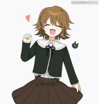  1boy 3tn_63 :d bangs black_ribbon blush_stickers brown_hair brown_skirt clenched_hand closed_eyes commentary_request dangan_ronpa:_trigger_happy_havoc dangan_ronpa_(series) facing_viewer fujisaki_chihiro hand_up happy long_sleeves male_focus neck_ribbon open_mouth otoko_no_ko pale_skin pleated_skirt ribbon short_hair simple_background skirt smile solo translation_request white_background 