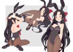  1girl animal_ears black_hair bow breasts brown_eyes cx4_storm_(girls_frontline) garter_straps girls_frontline hair_bow long_hair medium_breasts multiple_views naoya_come panties playboy_bunny rabbit_ears solo underwear very_long_hair 