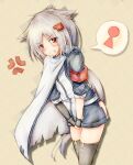  1girl anger_vein armband azur_lane bangs belt between_legs black_gloves black_legwear blue_shirt blue_shorts blush cape clenched_teeth commentary_request embarrassed eyebrows_visible_through_hair fingerless_gloves gloves grey_hair hair_ornament hairclip hand_between_legs hands_together have_to_pee highres legs_together long_hair looking_at_viewer montpelier_(azur_lane) shirt short_shorts shorts simple_background solo speech_bubble standing sweat teeth thigh-highs v_arms very_long_hair watakarashi white_cape yellow_background 