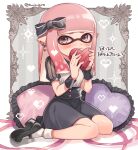  1girl black_bow blush bow box domino_mask earrings hair_bow heart-shaped_box highres jewelry long_hair looking_at_viewer mask pink_eyes pink_hair pointy_ears shina_shina sitting solo splatoon_(series) splatoon_2 tentacle_hair valentine wariza wrist_cuffs 