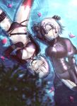  2girls absurdres ahoge armor bikini breasts fate/grand_order fate_(series) gloves headpiece highres jeanne_d&#039;arc_(alter)_(fate) jeanne_d&#039;arc_(alter_swimsuit_berserker)_(fate) jeanne_d&#039;arc_(fate)_(all) looking_at_viewer multiple_girls petals roro_982 swimsuit water white_hair yellow_eyes 