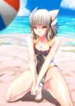  absurdres animal_ears bangs beach blunt_bangs cat_ears clouds crystal facial_mark flat_chest gem hair_ornament hands_together highres licking_lips nia_(blade)_(xenoblade) nia_(emori_miku_project) nia_(xenoblade) ocean sand shindayomon short_hair silver_hair sky smile squatting swimsuit swimwear tongue tongue_out volleyball xenoblade_chronicles_(series) xenoblade_chronicles_2 yellow_eyes 