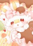  artist_name bandaid bandaid_on_nose bow chocolate collet_(pixiv17839028) commentary_request fang gen_8_pokemon heart highres no_humans open_mouth paws pokemon pokemon_(creature) red_eyes scorbunny signature solo starter_pokemon toes tongue valentine 