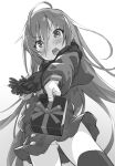  1girl ahoge embarrassed gift greyscale hair_between_eyes highres incoming_gift long_sleeves looking_at_viewer miniskirt monochrome open_mouth panties pantyshot roke scarf school_uniform shakugan_no_shana shana simple_background skirt solo standing thigh-highs underwear white_background 