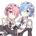  2girls apron armpits black_bow black_dress blue_eyes blush bow breasts detached_sleeves dress eyebrows_visible_through_hair hair_ornament hair_over_one_eye light_blue_hair looking_at_viewer maid maid_headdress multiple_girls pink_hair ram_(re:zero) re:zero_kara_hajimeru_isekai_seikatsu red_eyes rem_(re:zero) roswaal_mansion_maid_uniform short_hair simple_background sunameri_(pixiv3564245) white_apron white_background x_hair_ornament 