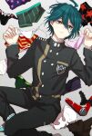  1boy ahoge black_hair black_jacket black_panties commentary_request dangan_ronpa_(series) dangan_ronpa_v3:_killing_harmony frills green_panties grey_background hair_between_eyes hat highres jacket kitsunebi_v3kokonn looking_at_viewer male_focus pale_skin panties pants pink_panties purple_panties red_panties saihara_shuuichi school_uniform short_hair signature simple_background solo star_(symbol) star_print striped striped_jacket striped_pants underwear white_panties 