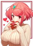  1girl absurdres breasts earrings gift green322 highres holding holding_gift jewelry large_breasts looking_at_viewer pyra_(xenoblade) red_eyes redhead ribbed_sweater short_hair solo sweater white_sweater xenoblade_chronicles_(series) xenoblade_chronicles_2 