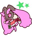  1girl :3 alternate_color animal_nose body_fur bow brown_fur chibi christmas clothed_pokemon commentary_request dress full_body fur_trim furry gen_4_pokemon green_bow hand_up happy holding leg_up lopunny muguet open_mouth pink_eyes pink_fur pokemon pokemon_(creature) rabbit_girl red_bow red_dress sack santa_costume shiny_pokemon simple_background smile solo standing standing_on_one_leg two-tone_fur white_background 