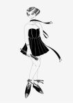  1girl ai_teramoto bare_shoulders black_dress black_footwear dress expressionless full_body greyscale hand_up holding monochrome original shoes short_hair solo standing strapless strapless_dress 