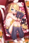  1girl :3 aqua_eyes arm_warmers ataraii_moyasi bangs bare_shoulders black_collar black_shorts blonde_hair bow box box_of_chocolates candy chocolate chocolate_heart collar commentary crop_top fetal_position flower food hair_bow hair_ornament hairclip heart highres in_box in_container kagamine_rin leg_warmers looking_at_viewer mouth_hold nail_polish neckerchief orange_flower orange_rose rose sailor_collar school_uniform shirt short_hair short_shorts shorts sleeveless sleeveless_shirt smile solo swept_bangs valentine vocaloid white_bow white_footwear white_shirt yellow_nails yellow_neckwear 