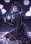  1girl abigail_diaz arm_support bangs bishoujo_senshi_sailor_moon black_dress black_legwear crystal dress high_collar medium_hair pantyhose parted_lips purple_hair sitting solo tomoe_hotaru upper_teeth violet_eyes wariza 