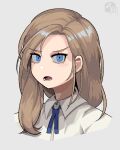  1girl blue_eyes blue_ribbon brown_hair calponpon collared_shirt grey_background long_hair looking_at_viewer open_mouth original portrait ribbon shadow shirt simple_background solo white_shirt 