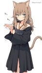  1girl absurdres animal_ears aqua_eyes black_robe book brown_hair cat_ears cat_tail hatohouseplc highres long_hair long_sleeves looking_at_viewer naked_robe necktie off_shoulder original robe shooing sweat tail twitter_username wavy_hair wide_sleeves 