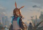  1girl absurdres amiya_(arknights) animal_ears arknights blue_eyes brown_hair building doctor_(arknights) drone francyce hair_between_eyes highres hood huge_filesize jacket long_hair long_sleeves looking_to_the_side open_clothes open_jacket open_mouth outdoors ponytail rabbit_ears shirt sidelocks skyscraper white_shirt 