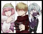  1boy 2girls andou_ruruka between_fingers black_border black_jacket blonde_hair border breasts candy cloak commentary_request dangan_ronpa_(series) dangan_ronpa_3_(anime) dress_shirt finger_licking food fur_trim gloves grey_hair hand_on_own_chest hand_up holding holding_candy holding_food holding_knife izayoi_sounosuke jacket kimura_seiko knife large_breasts letterboxed licking long_sleeves looking_at_viewer mask mouth_mask multiple_girls open_clothes open_jacket pale_skin pink_eyes pink_hair pink_jacket red_cloak shimada_(dmisx) shiny shiny_hair shirt short_hair surgical_mask syringe violet_eyes white_shirt wide-eyed 
