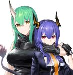  2girls absurdres arknights armor black_gloves blue_hair blue_jacket blush bodysuit breasts brown_eyes ch&#039;en_(arknights) closed_mouth fingerless_gloves gloves green_hair highres horns hoshiguma_(arknights) hug hug_from_behind jacket large_breasts long_hair looking_at_another multiple_girls necktie red_eyes rivet_vvrn single_horn smile tail white_background yellow_neckwear 