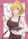 1girl absurdres ahoge apron artoria_pendragon_(all) aya_(user_ddya7452) bangs blonde_hair blush bowl breasts brown_apron chocolate fate/grand_order fate_(series) hair_between_eyes heart highres large_breasts long_hair long_sleeves looking_at_viewer mysterious_heroine_xx_(fate) parted_lips ponytail ribbed_sweater sidelocks smile spoken_heart sweater turtleneck turtleneck_sweater whisk white_sweater 