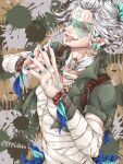  1boy alternate_hair_color arm_wrap blue_eyes blue_nails earrings facial_tattoo flower hair_flower hair_ornament hand_tattoo identity_v jewelry luca_balsa male_focus pppwam solo steepled_fingers tattoo twitter_username upper_body white_hair wristband 