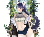  1girl animal_ears azelweien bare_shoulders black_jacket black_nails blue_eyes blue_hair blush bra braid breasts cat_ears cat_girl cat_tail collar denim fur_trim highres jacket large_breasts licking_lips long_hair looking_at_viewer navel original shorts single_braid solo tail tongue tongue_out traditional_media underwear 