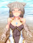  1girl absurdres animal_ears awestruck bangs blunt_bangs blush cat_ears crystal facial_mark flat_chest hair_ornament highres in_water looking_at_viewer looking_up nia_(blade)_(xenoblade) nia_(xenoblade) ocean shindayomon short_hair silver_hair sitting swimsuit swimwear xenoblade_chronicles_(series) xenoblade_chronicles_2 yellow_eyes 