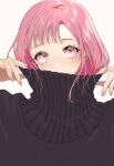  1girl black_sweater blush commentary_request fingernails highres long_fingernails long_hair looking_at_viewer mole mole_under_eye nail_polish original pink_hair pink_nails red_eyes short_hair simple_background sogawa solo sweater turtleneck turtleneck_sweater upper_body white_background 