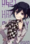  1boy 2020 background_text bangs black_hair checkered checkered_neckwear checkered_scarf commentary_request dangan_ronpa_(series) dangan_ronpa_v3:_killing_harmony grey_background grin hair_between_eyes hand_on_hip happy_birthday kitsunebi_v3kokonn long_sleeves male_focus ouma_kokichi scarf simple_background smile solo straitjacket violet_eyes 