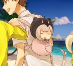  2boys 2girls amaiha animal_ears animal_hood backpack bag bangs beach blurry blurry_background brown_hair cat_hood chibi chibi_inset closed_eyes commentary_request dangan_ronpa_(series) dangan_ronpa_2:_goodbye_despair day depth_of_field fake_animal_ears hand_on_another&#039;s_shoulder hinata_hajime hood hood_up hooded_jacket jacket leg_up multiple_boys multiple_girls nanami_chiaki open_mouth out_of_frame pink_bag profile saionji_hiyoko shirt short_hair sideways_mouth sleeping smile solo_focus souda_kazuichi 