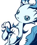  alternate_color black_eyes blue_theme colored_sclera commentary_request dutch_angle gen_4_pokemon green_sclera hands_up leafeon looking_at_viewer monochrome muguet no_humans no_mouth paw_pose pokemon pokemon_(creature) simple_background solo white_background 