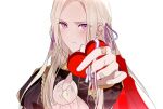  1girl blush box box_of_chocolates candy cape chocolate cravat edelgard_von_hresvelg fire_emblem fire_emblem:_three_houses food garreg_mach_monastery_uniform gift gift_box happy_valentine heart heart-shaped_box highres holding holding_gift incoming_gift long_hair looking_at_viewer red_cape ribbon solo valentine violet_eyes vo1ez 