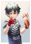  1boy black_hair black_hoodie eating food gloves gradient gradient_background hair_between_eyes highres holding holding_food hood hood_down hoodie hoshiko_(419401x) ice_cream ice_cream_cone kemono_jihen kusaka_kabane licking_lips looking_at_viewer male_focus red_eyes red_gloves short_sleeves simple_background skeleton_print solo standing tongue tongue_out 