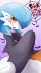  1girl alternate_color argyle argyle_background bat black_cape blue_hair cape clothed_pokemon commentary_request english_text facial_tattoo fangs gardevoir gen_3_pokemon gradient gradient_background hair_over_one_eye halloween hand_up happy heart highres looking_at_viewer muguet open_mouth orange_eyes pokemon pokemon_(creature) purple_background shiny_pokemon short_hair silk smile solo spider_web standing star_(symbol) tattoo text_focus trick_or_treat 