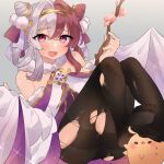  1girl azur_lane bare_shoulders black_legwear blush branch chao_ho_(azur_lane) chao_ho_(blossoming_grace)_(azur_lane) full_body fur-trimmed_sleeves fur_trim hair_ornament heart heart-shaped_pupils highres manjuu_(azur_lane) medium_hair multicolored_hair official_alternate_costume open_mouth pantyhose red_eyes redhead simple_background soles solo stepped_on symbol-shaped_pupils takumi_mizuki thighband_pantyhose toes torn_clothes torn_legwear two-tone_hair white_hair wide_sleeves 