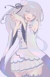 1girl :d bare_shoulders braid dress emilia_(re:zero) flower hair_flower hair_ornament hair_ribbon hands_together hands_up highres long_hair looking_at_viewer nsb36046_(na) open_mouth pleated_skirt re:zero_kara_hajimeru_isekai_seikatsu ribbon silver_hair simple_background skirt smile solo thigh-highs violet_eyes white_dress white_skirt wide_sleeves 