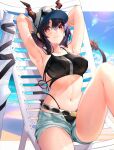 1girl arknights armpits arms_behind_head arms_up bare_arms bare_shoulders baseball_cap beach_chair bikini black_bikini blue_hair blue_sky breasts ch&#039;en_(arknights) commentary_request day dragon_horns female_tourist_c_(arknights) grey_shorts hat highres horns horns_through_headwear knee_up large_breasts looking_at_viewer navel open_fly red_eyes short_hair short_shorts shorts sky solo spica_(spica_1510) stomach swimsuit tail thighs white_headwear