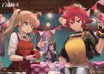  3girls alchemy_stars apron black_hair blue_eyes book bowl brown_hair candy chocolate chocolate_heart choker copyright_name food heart jona_(alchemy_stars) monocle multiple_girls official_art ponytail redhead sheol_(alchemy_stars) short_hair violet_eyes whisk window yushima 