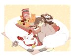  androgynous bell bowl brown_hair cat chai controller cookie feeding food fox fruit grey_eyes highres kotatsu mandarin_orange open_mouth orange original pink_background pocky remote_control rug simple_background sitting table 