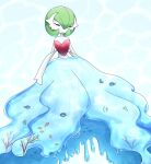  1girl blue_background blush closed_eyes commentary_request coral fish full_body gardevoir gen_3_pokemon green_hair happy highres knees_together_feet_apart light_blush mega_gardevoir mega_pokemon muguet pokemon pokemon_(creature) see-through short_hair simple_background smile solo thigh_gap water 