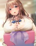  1girl bangs blurry blurry_background blush box bra_through_clothes breasts brown_hair buttons collarbone collared_shirt eyebrows_visible_through_hair gift green_eyes hair_between_eyes hair_ornament hairclip highres holding holding_box large_breasts lips long_hair long_sleeves looking_at_viewer open_mouth original parted_lips purple_ribbon ribbon shirt solo upper_body valentine yellow_shirt yuzuki_tsuzuru 